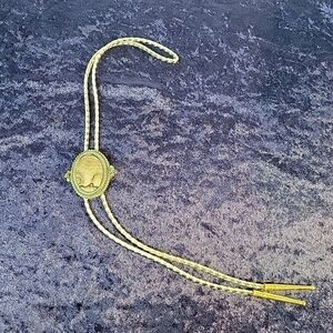 Vintage Bolo Tie Polished Stone Gold Tone Bead Frame Cowboy Western Accessory